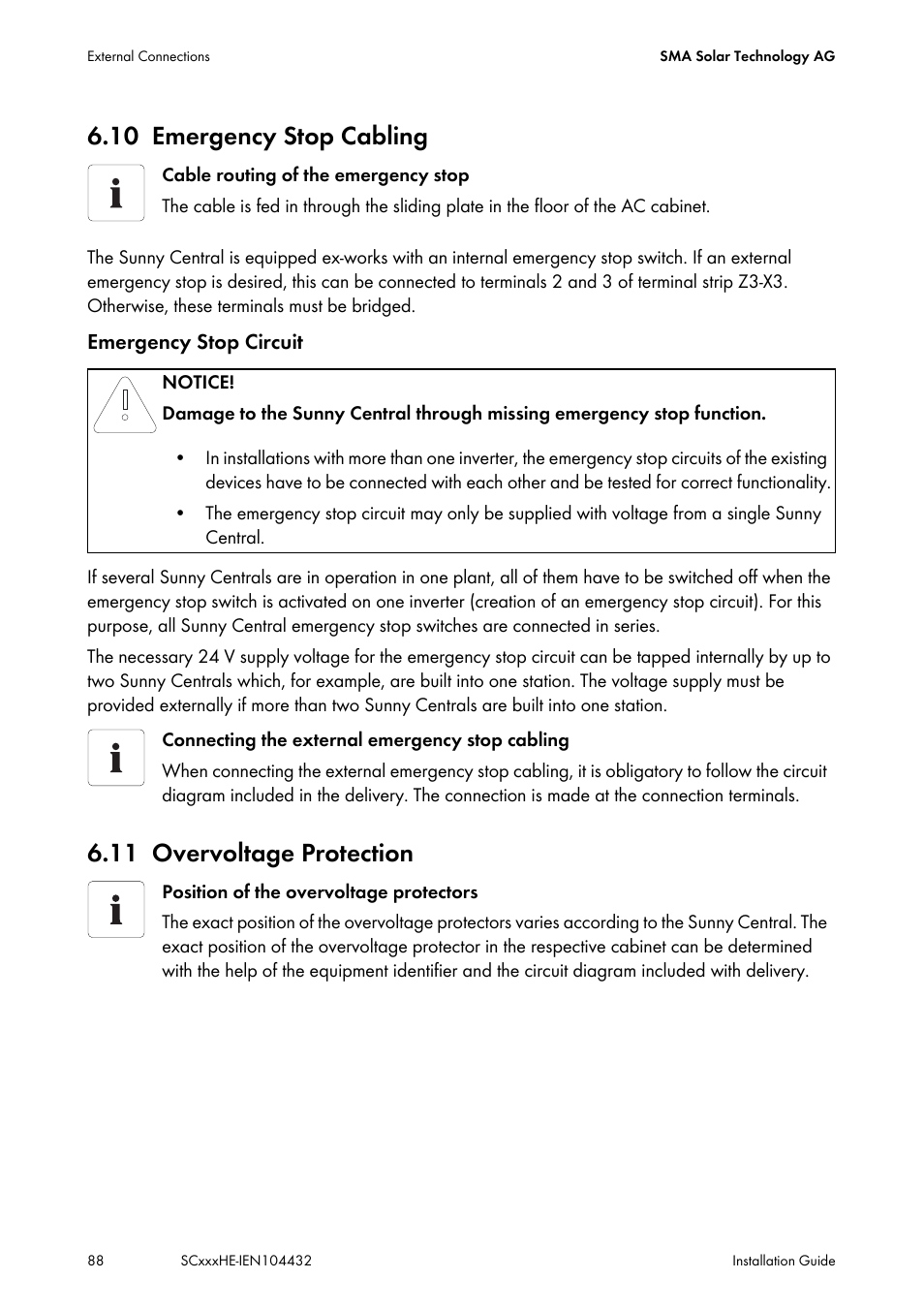 10 emergency stop cabling, 11 overvoltage protection, Emergency stop cabling | Overvoltage protection | SMA SC 400HE Installation User Manual | Page 88 / 108