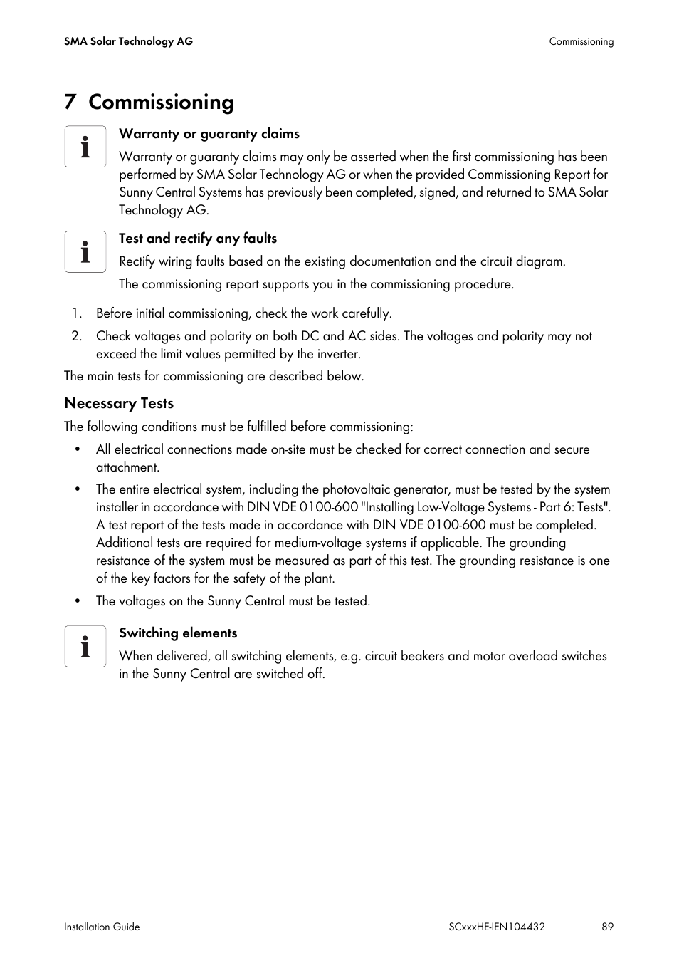 7 commissioning, Commissioning | SMA SC 400HE Installation User Manual | Page 89 / 108