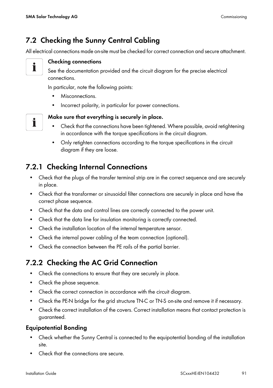 2 checking the sunny central cabling, 1 checking internal connections, 2 checking the ac grid connection | Checking the sunny central cabling, Checking internal connections, Checking the ac grid connection | SMA SC 400HE Installation User Manual | Page 91 / 108