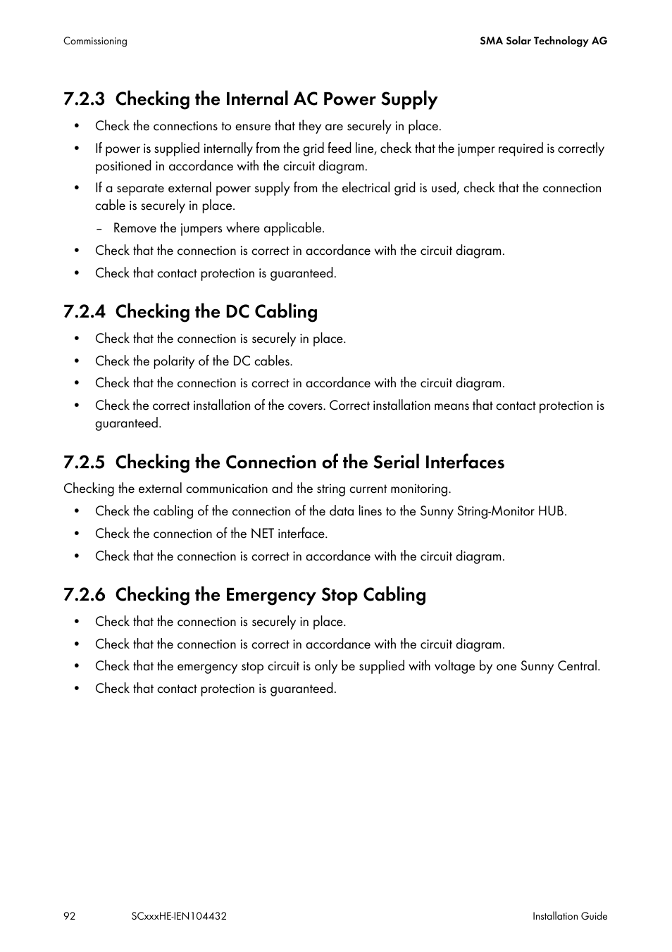 3 checking the internal ac power supply, 4 checking the dc cabling, 5 checking the connection of the serial interfaces | 6 checking the emergency stop cabling, Checking the internal ac power supply, Checking the dc cabling, Checking the connection of the serial interfaces, Checking the emergency stop cabling | SMA SC 400HE Installation User Manual | Page 92 / 108