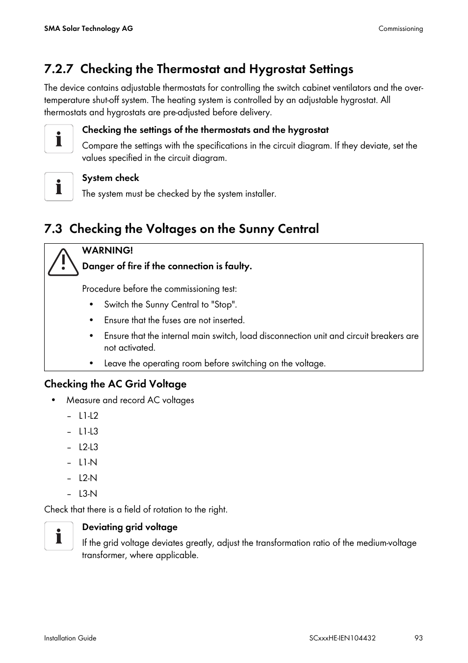 7 checking the thermostat and hygrostat settings, 3 checking the voltages on the sunny central, Checking the thermostat and hygrostat settings | Checking the voltages on the sunny central | SMA SC 400HE Installation User Manual | Page 93 / 108