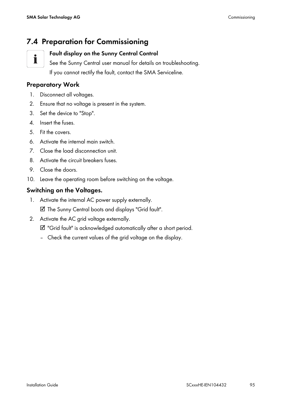 4 preparation for commissioning, Preparation for commissioning | SMA SC 400HE Installation User Manual | Page 95 / 108