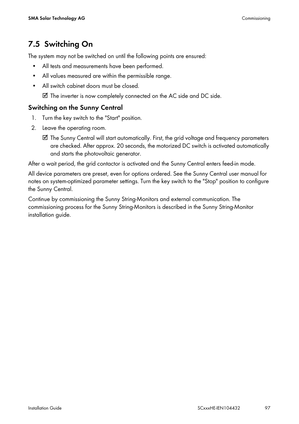 5 switching on, Switching on | SMA SC 400HE Installation User Manual | Page 97 / 108