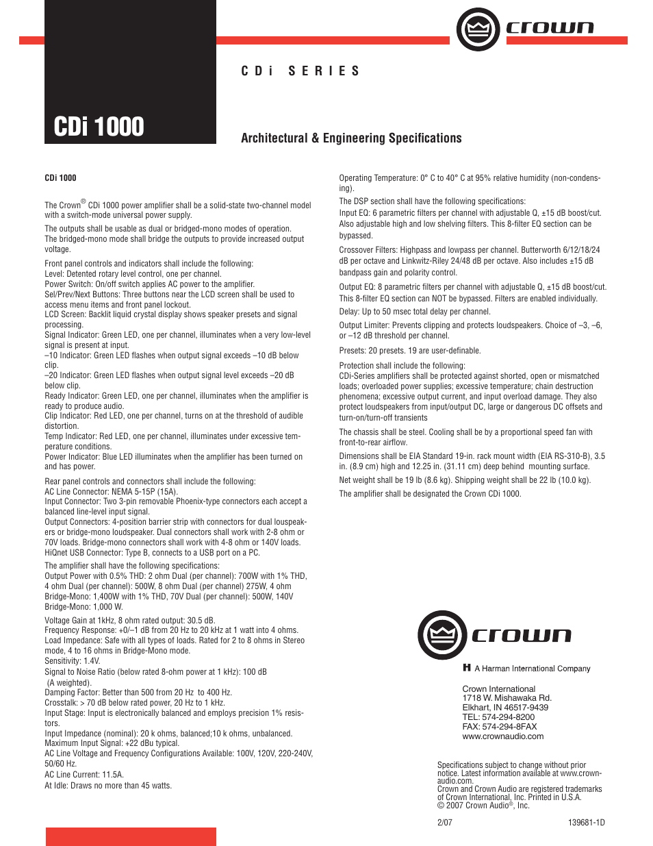 Crown Audio CDi 1000 User Manual | 1 page