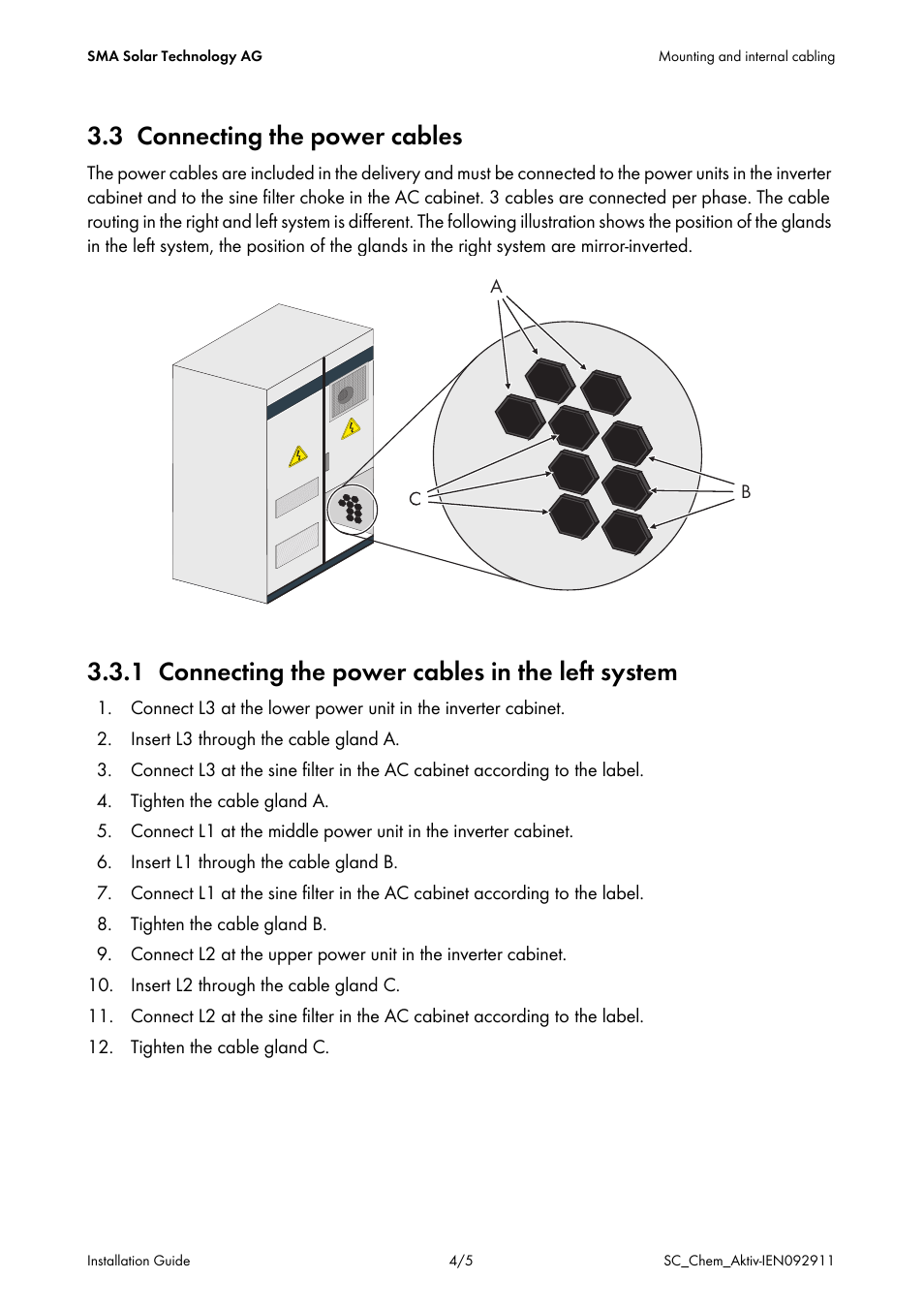 3 connecting the power cables, 1 connecting the power cables in the left system | SMA SC 630HE-11 User Manual | Page 4 / 5