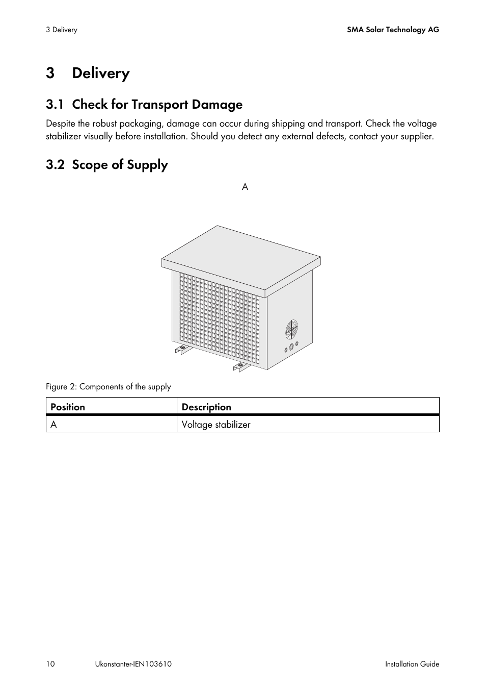 3 delivery, 1 check for transport damage, 2 scope of supply | Delivery, Check for transport damage, Scope of supply | SMA VOLTAGE STABILIZER User Manual | Page 10 / 28