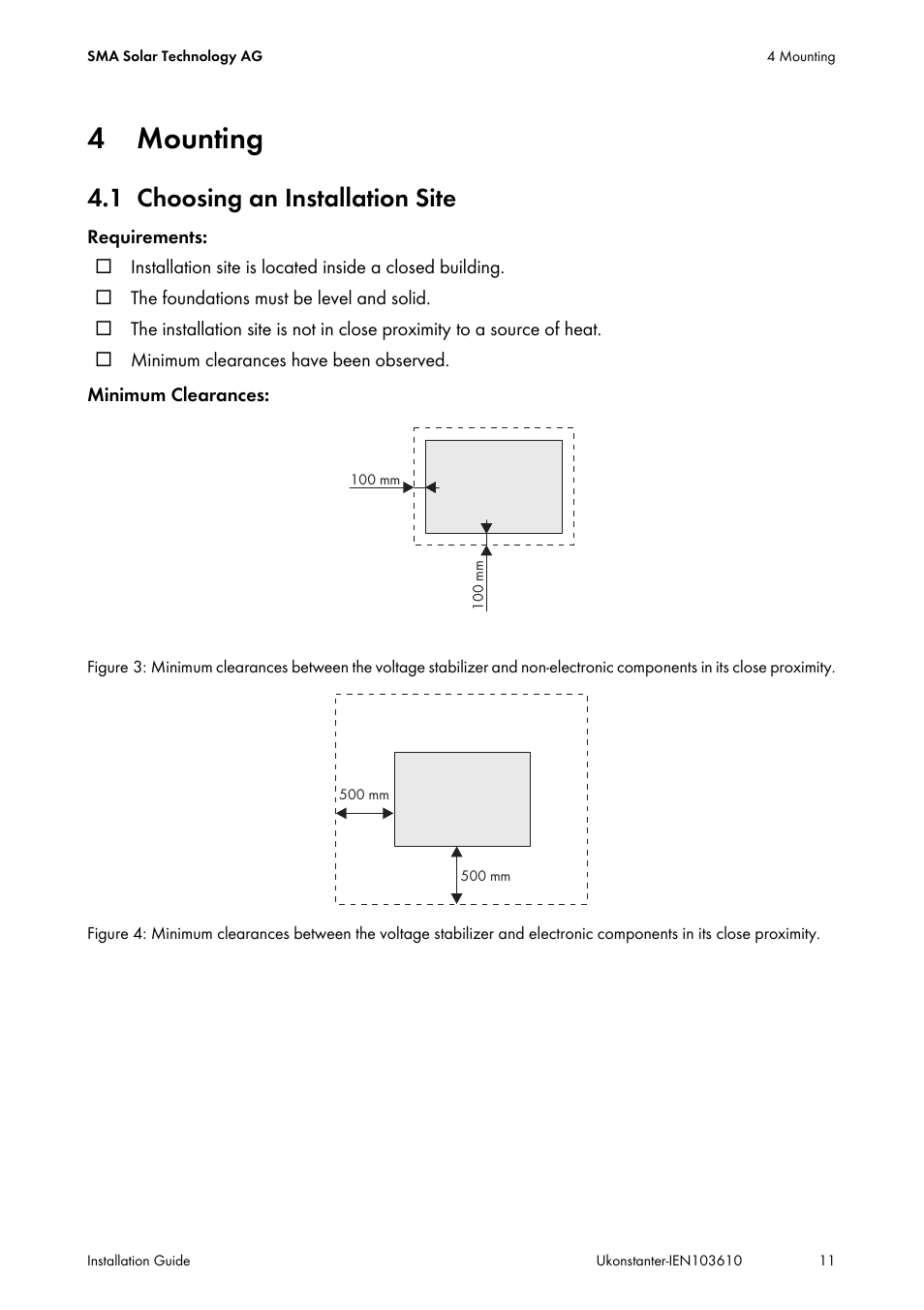 4 mounting, 1 choosing an installation site, Mounting | Choosing an installation site | SMA VOLTAGE STABILIZER User Manual | Page 11 / 28
