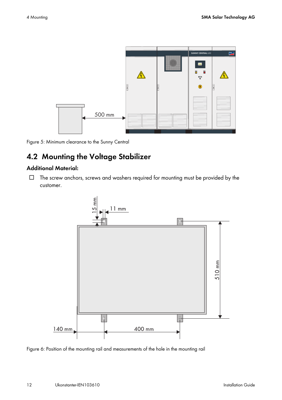 2 mounting the voltage stabilizer, Mounting the voltage stabilizer, 500 mm | SMA VOLTAGE STABILIZER User Manual | Page 12 / 28