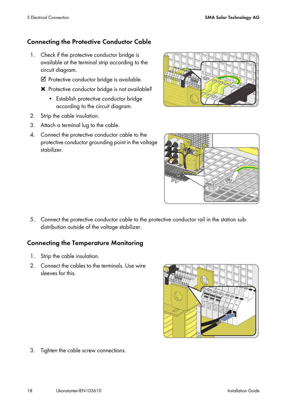 Connecting the protective conductor cable, Connecting the temperature monitoring | SMA VOLTAGE STABILIZER User Manual | Page 18 / 28
