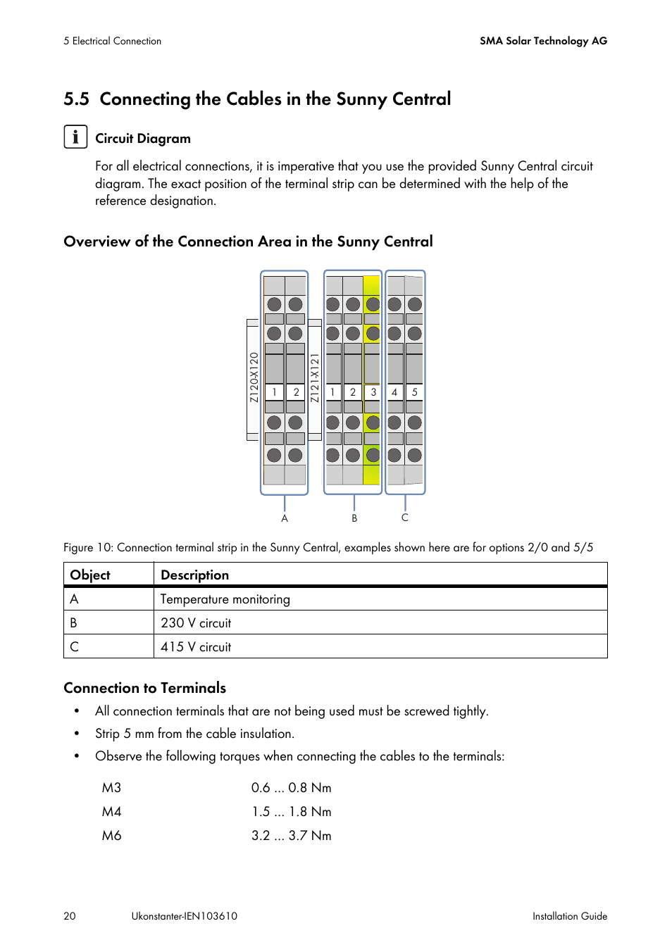 5 connecting the cables in the sunny central, Connecting the cables in the sunny central, Connection to terminals | SMA VOLTAGE STABILIZER User Manual | Page 20 / 28