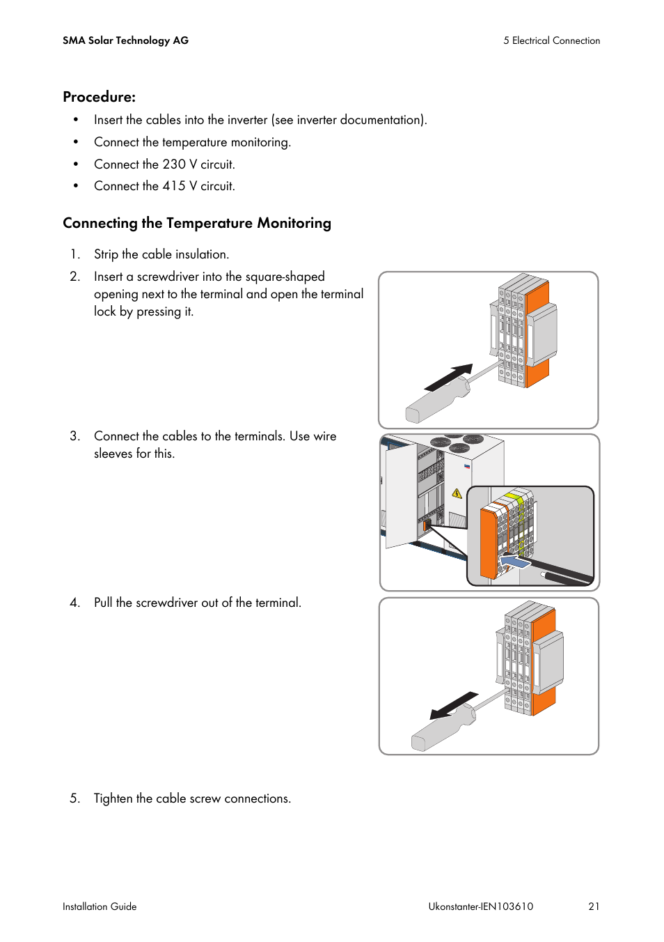 Procedure, Connecting the temperature monitoring | SMA VOLTAGE STABILIZER User Manual | Page 21 / 28