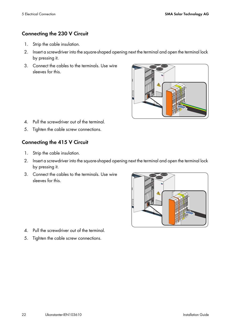 Connecting the 230 v circuit, Connecting the 415 v circuit | SMA VOLTAGE STABILIZER User Manual | Page 22 / 28