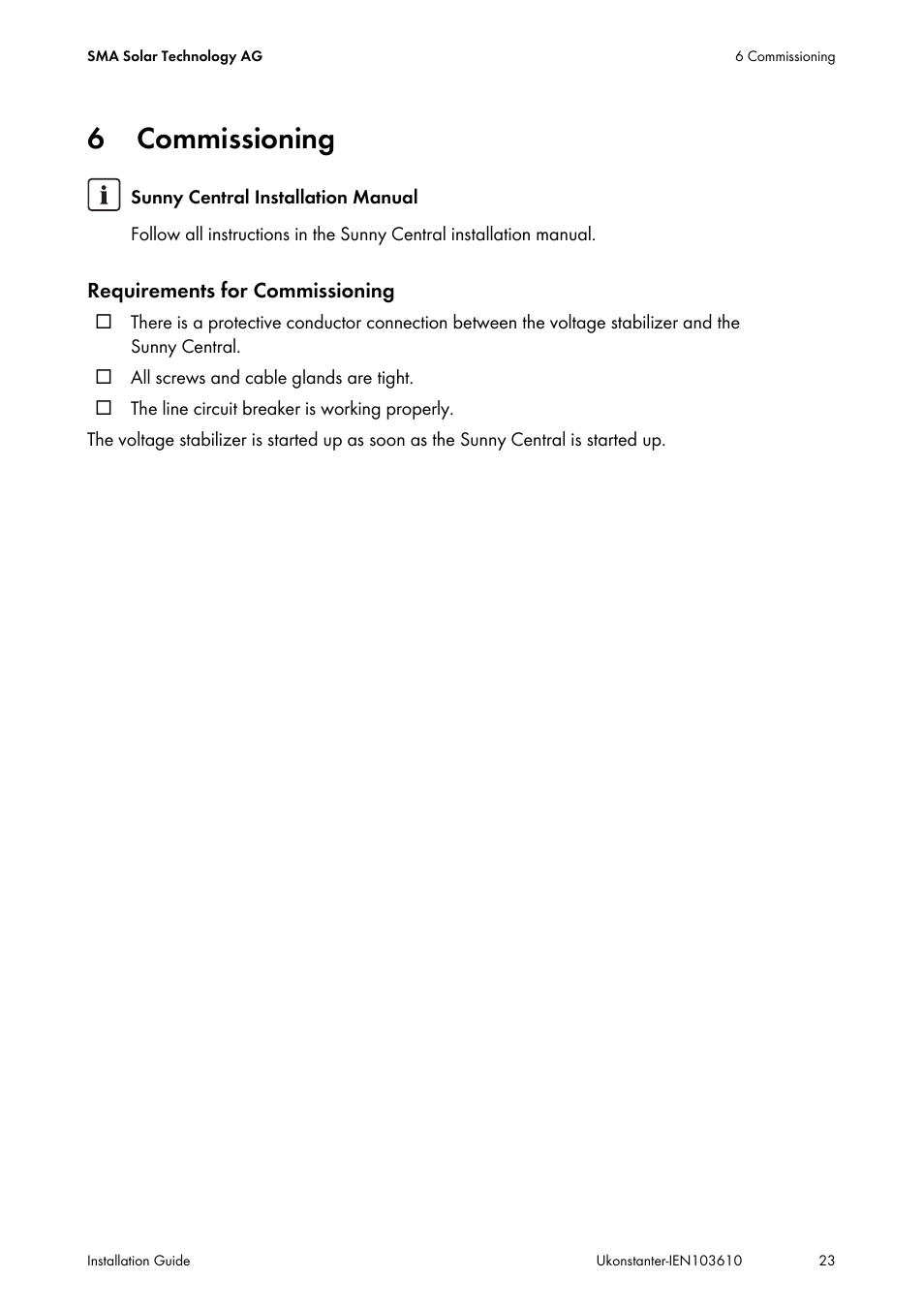 6 commissioning, Commissioning | SMA VOLTAGE STABILIZER User Manual | Page 23 / 28