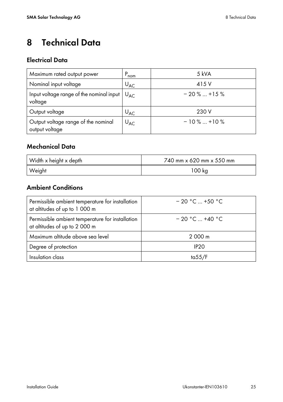 8 technical data, Technical data | SMA VOLTAGE STABILIZER User Manual | Page 25 / 28