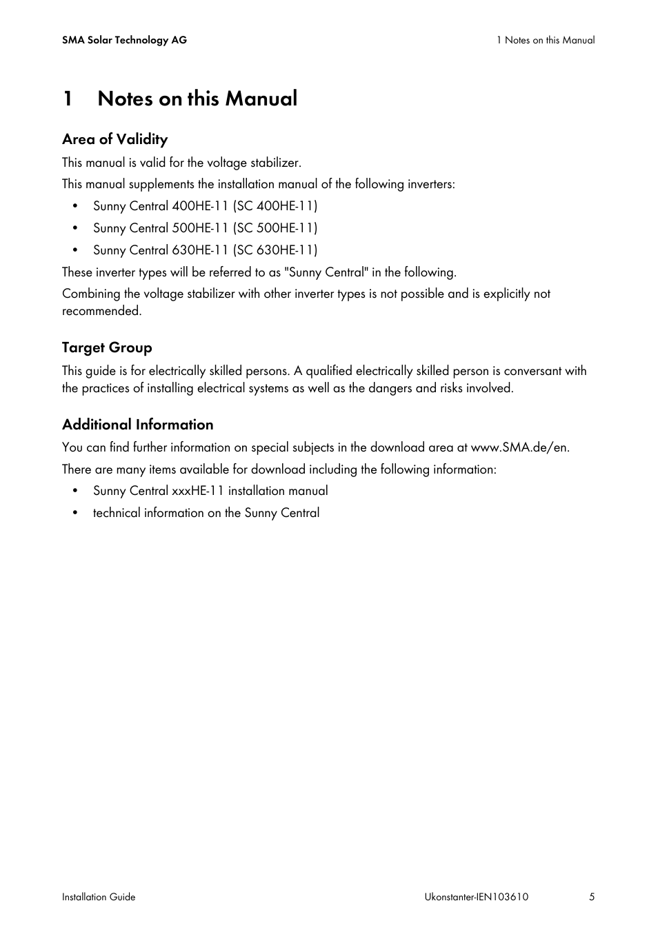 1 notes on this manual, Notes on this manual | SMA VOLTAGE STABILIZER User Manual | Page 5 / 28