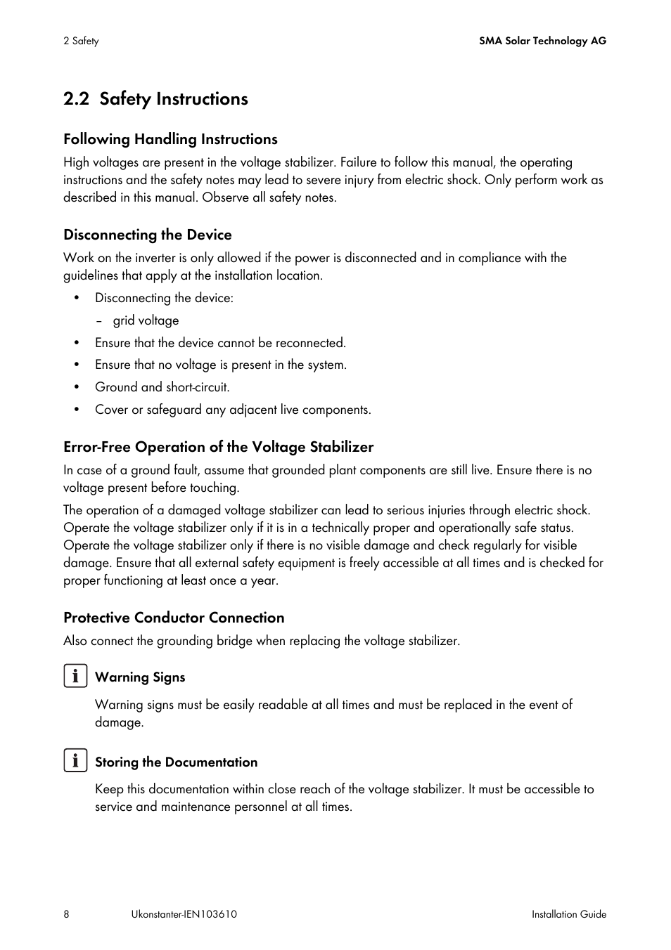 2 safety instructions, Safety instructions | SMA VOLTAGE STABILIZER User Manual | Page 8 / 28