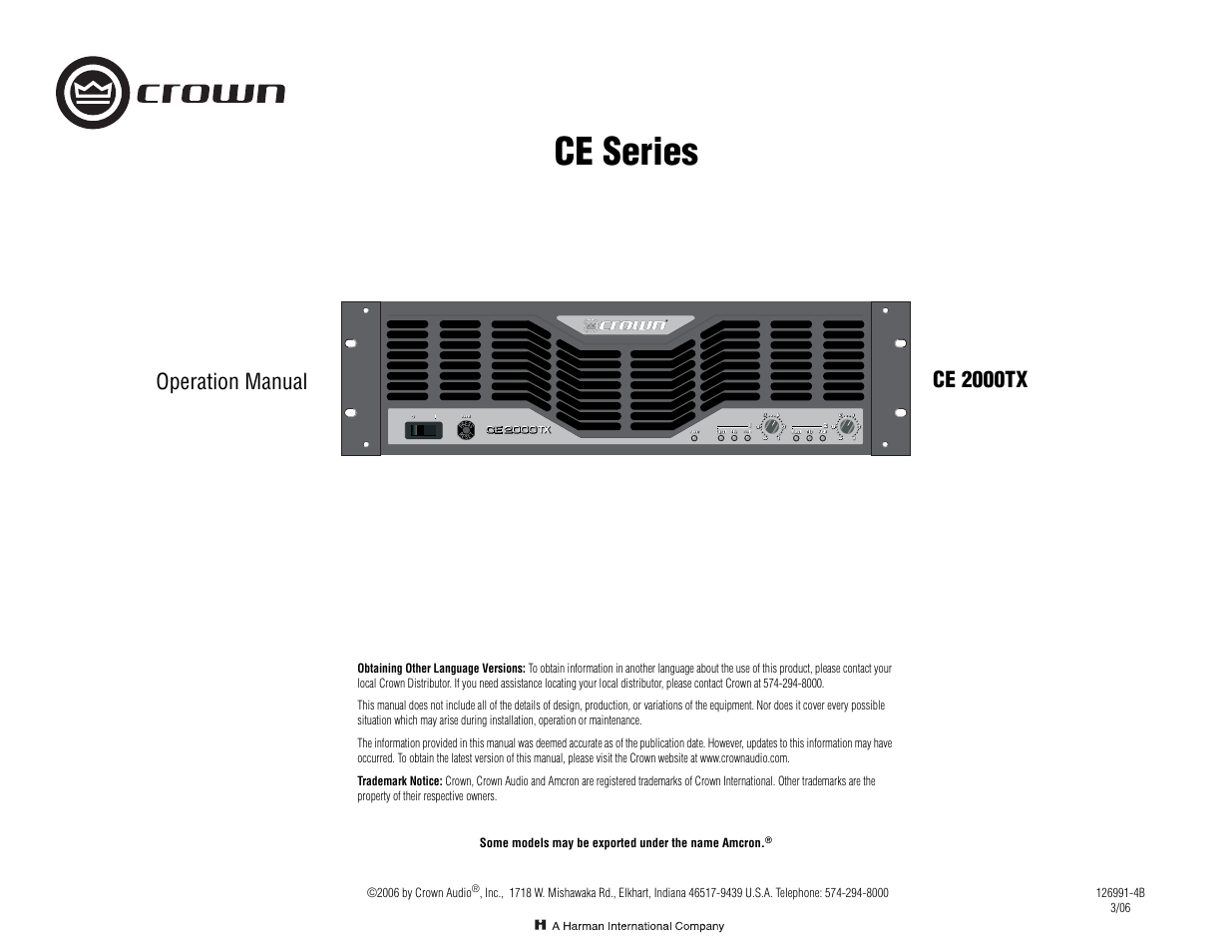 Crown Audio CE2000TX User Manual | 28 pages