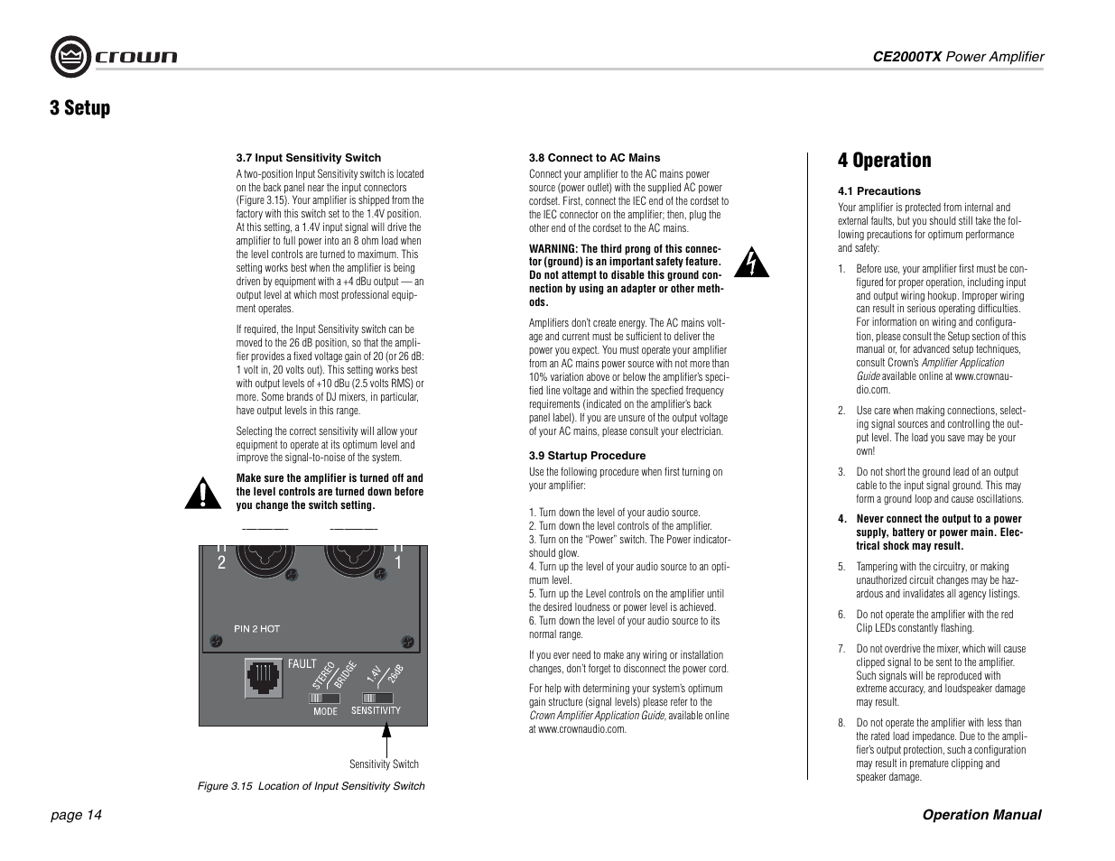 4 operation, 3 setup | Crown Audio CE2000TX User Manual | Page 14 / 28