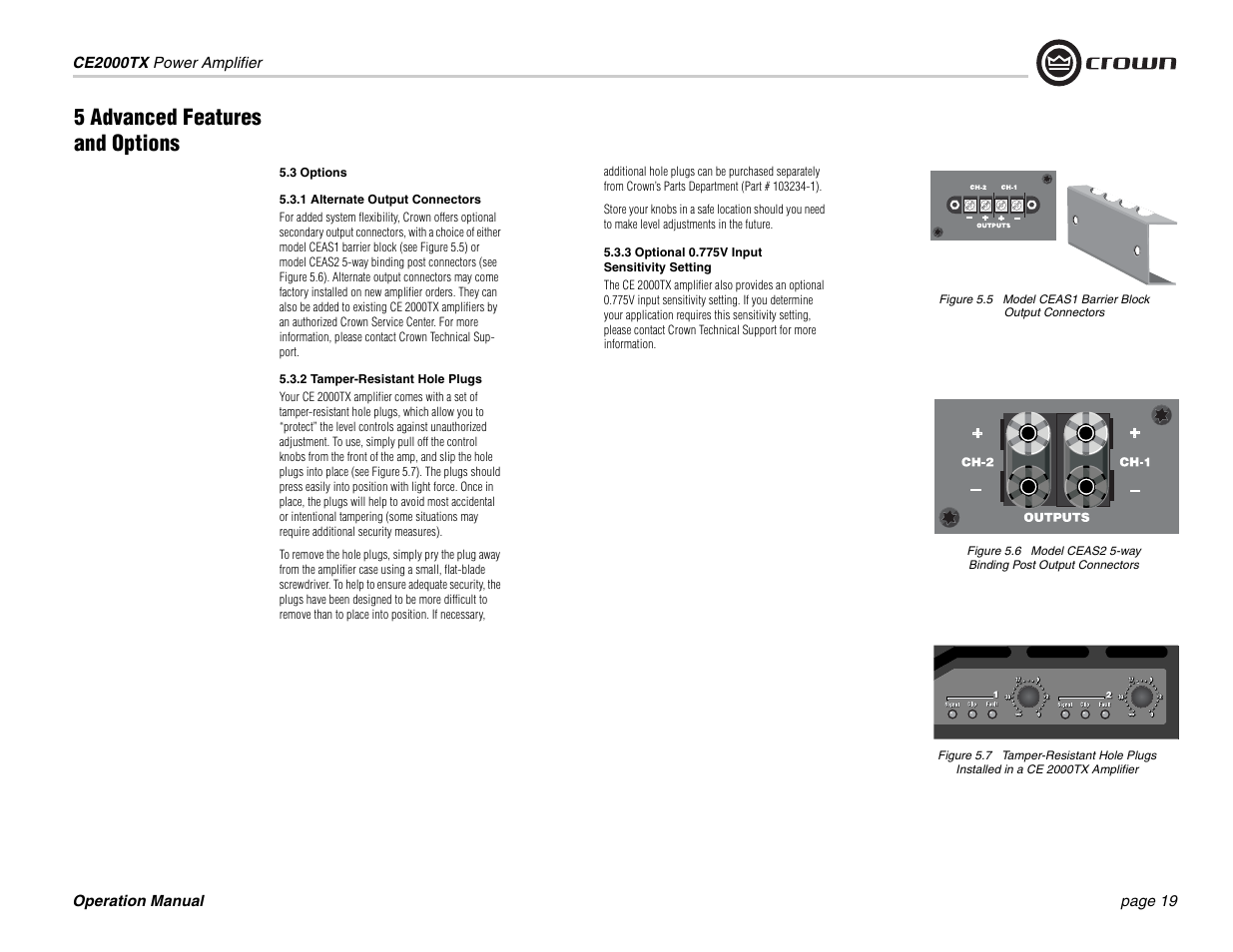 5 advanced features and options | Crown Audio CE2000TX User Manual | Page 19 / 28