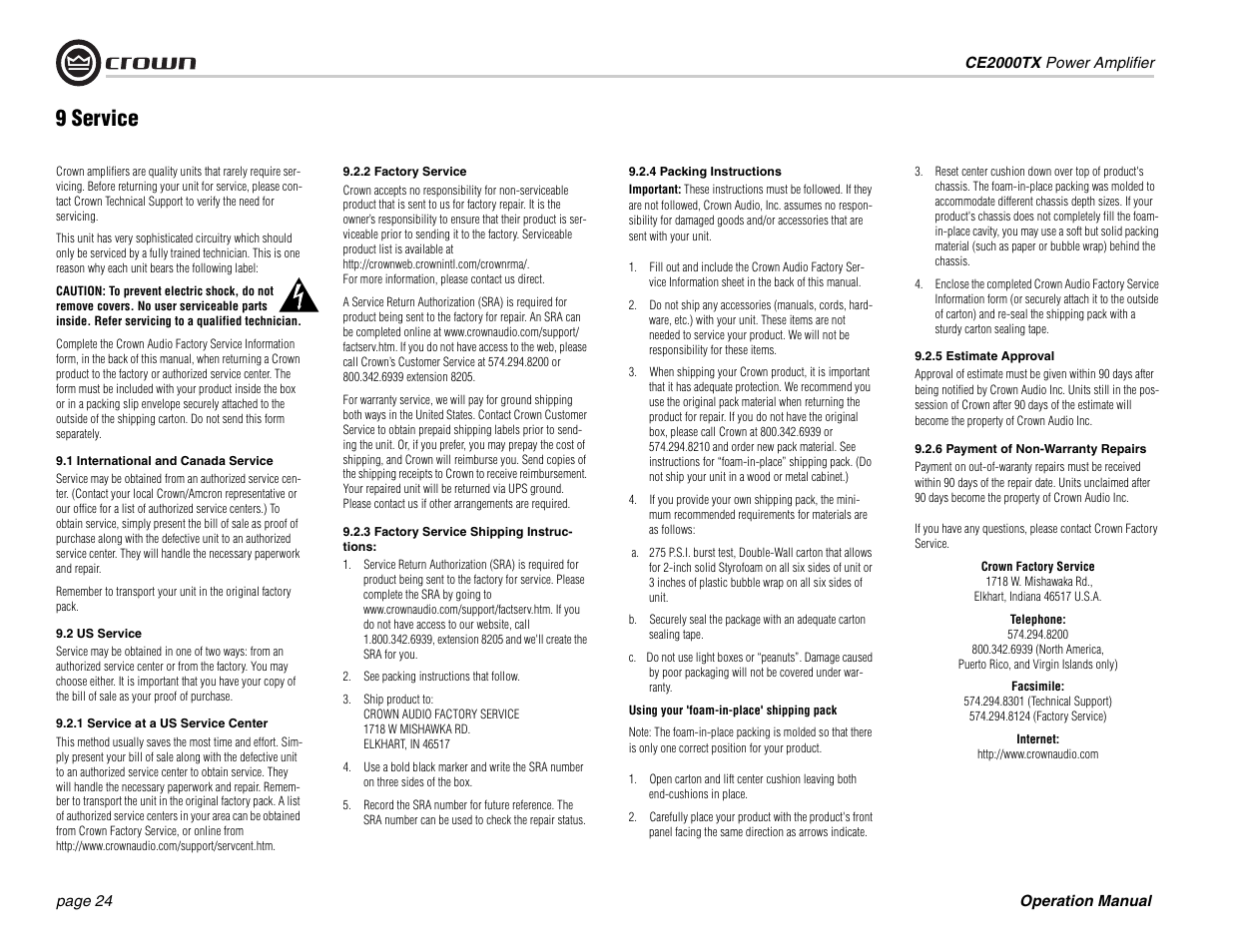 9 service | Crown Audio CE2000TX User Manual | Page 24 / 28
