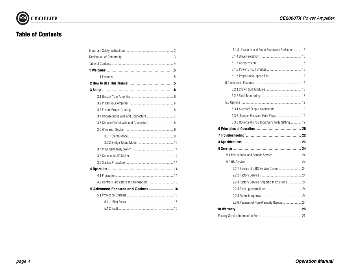 Crown Audio CE2000TX User Manual | Page 4 / 28