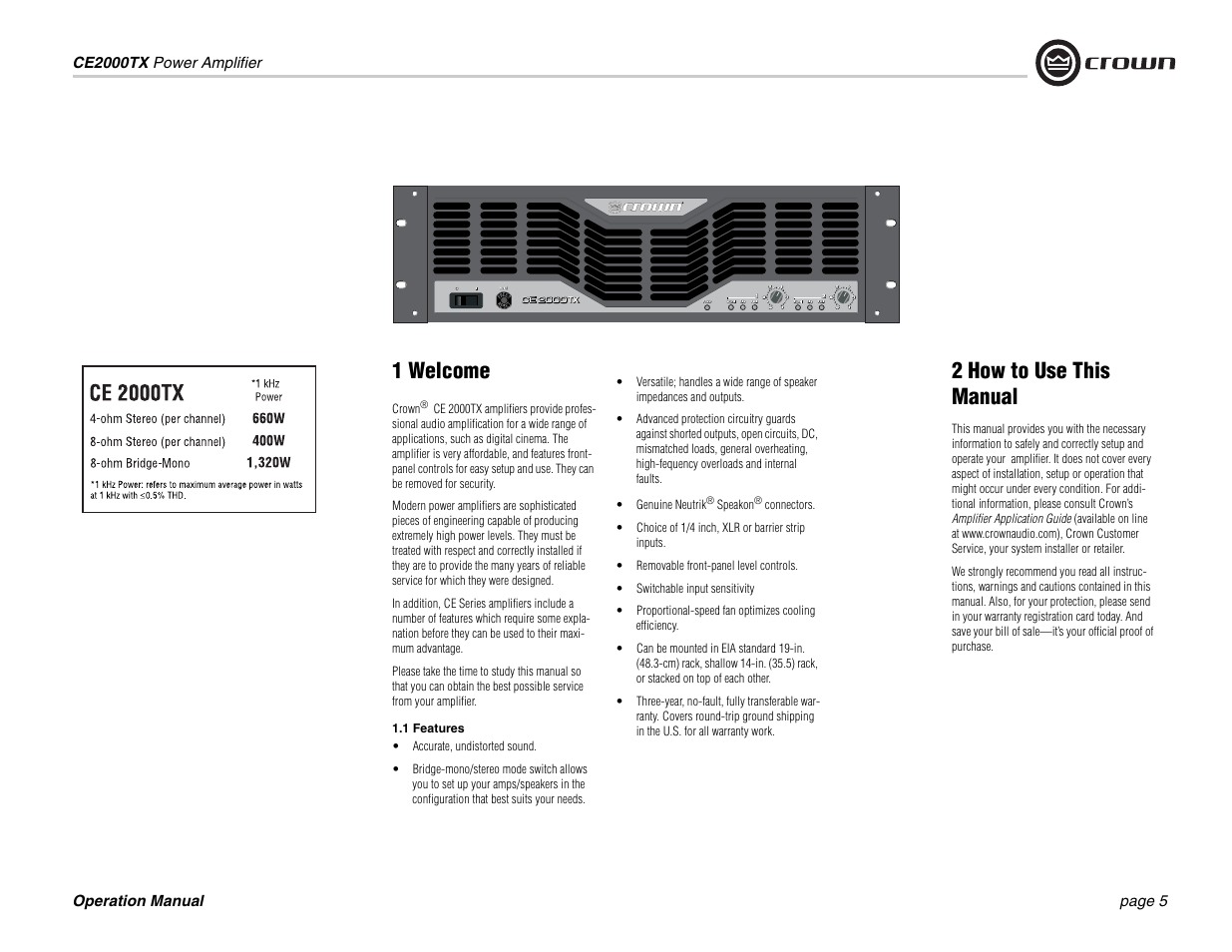 1 welcome, 2 how to use this manual | Crown Audio CE2000TX User Manual | Page 5 / 28