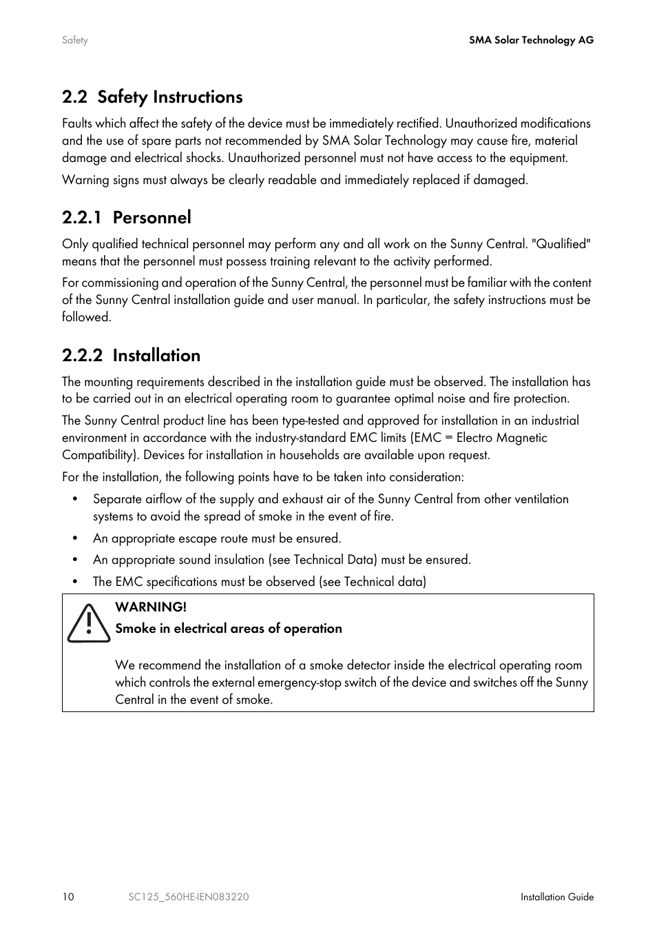 2 safety instructions, 1 personnel, 2 installation | SMA SC 100LV-560HE User Manual | Page 10 / 92