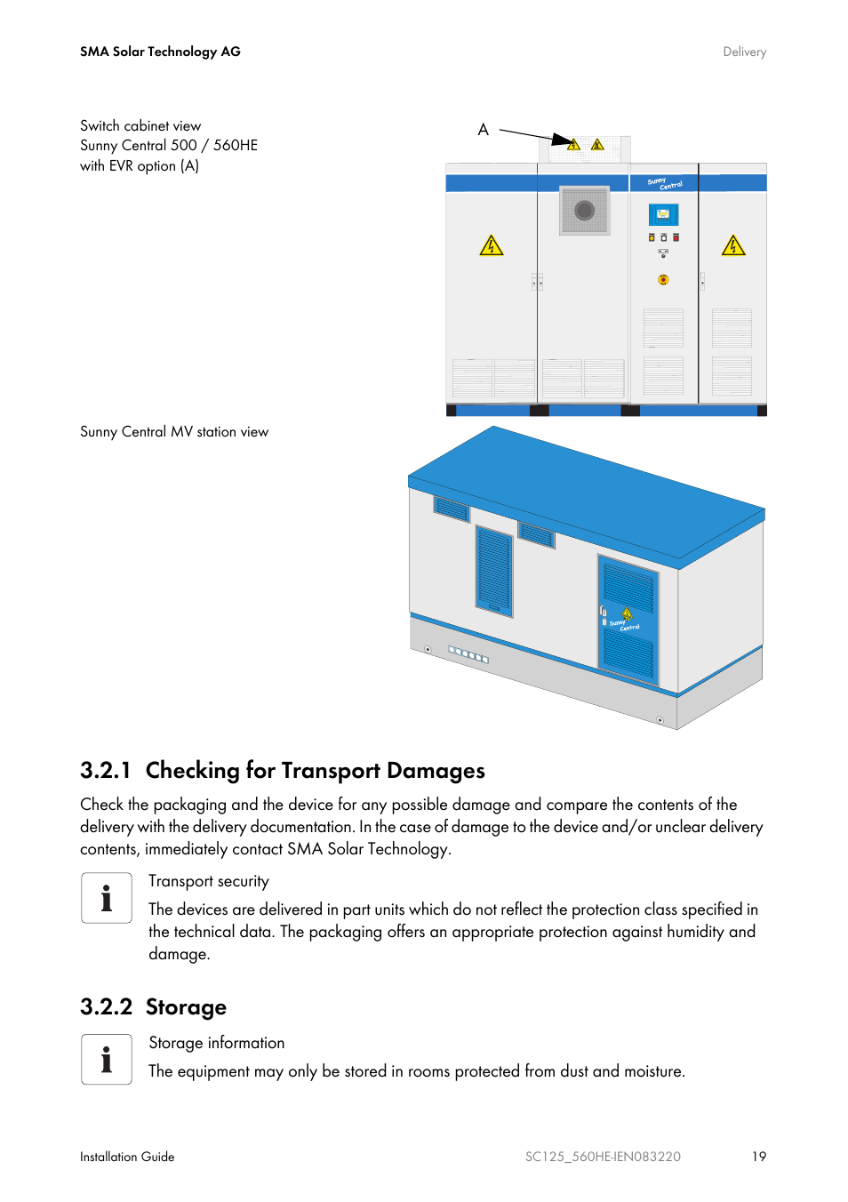 1 checking for transport damages, 2 storage | SMA SC 100LV-560HE User Manual | Page 19 / 92