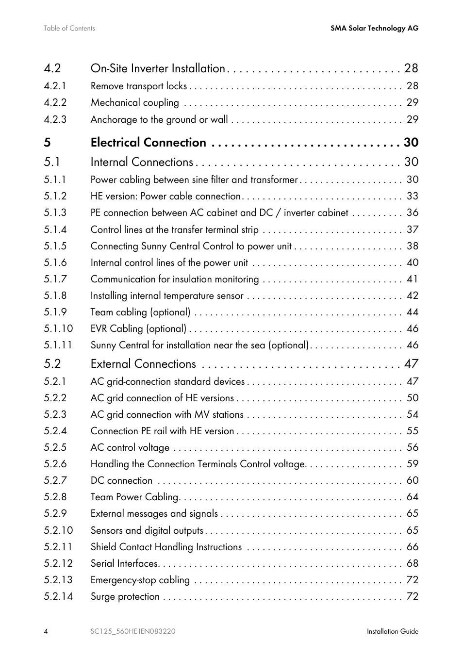 2 on-site inverter installation, 5electrical connection 5.1 internal connections, 2 external connections | SMA SC 100LV-560HE User Manual | Page 4 / 92