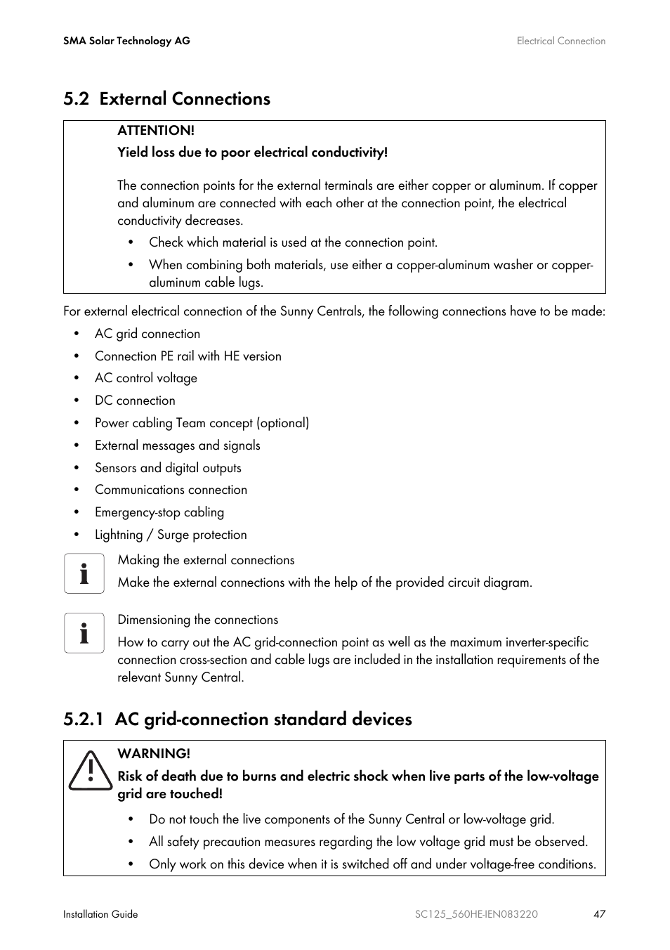 2 external connections, 1 ac grid-connection standard devices | SMA SC 100LV-560HE User Manual | Page 47 / 92