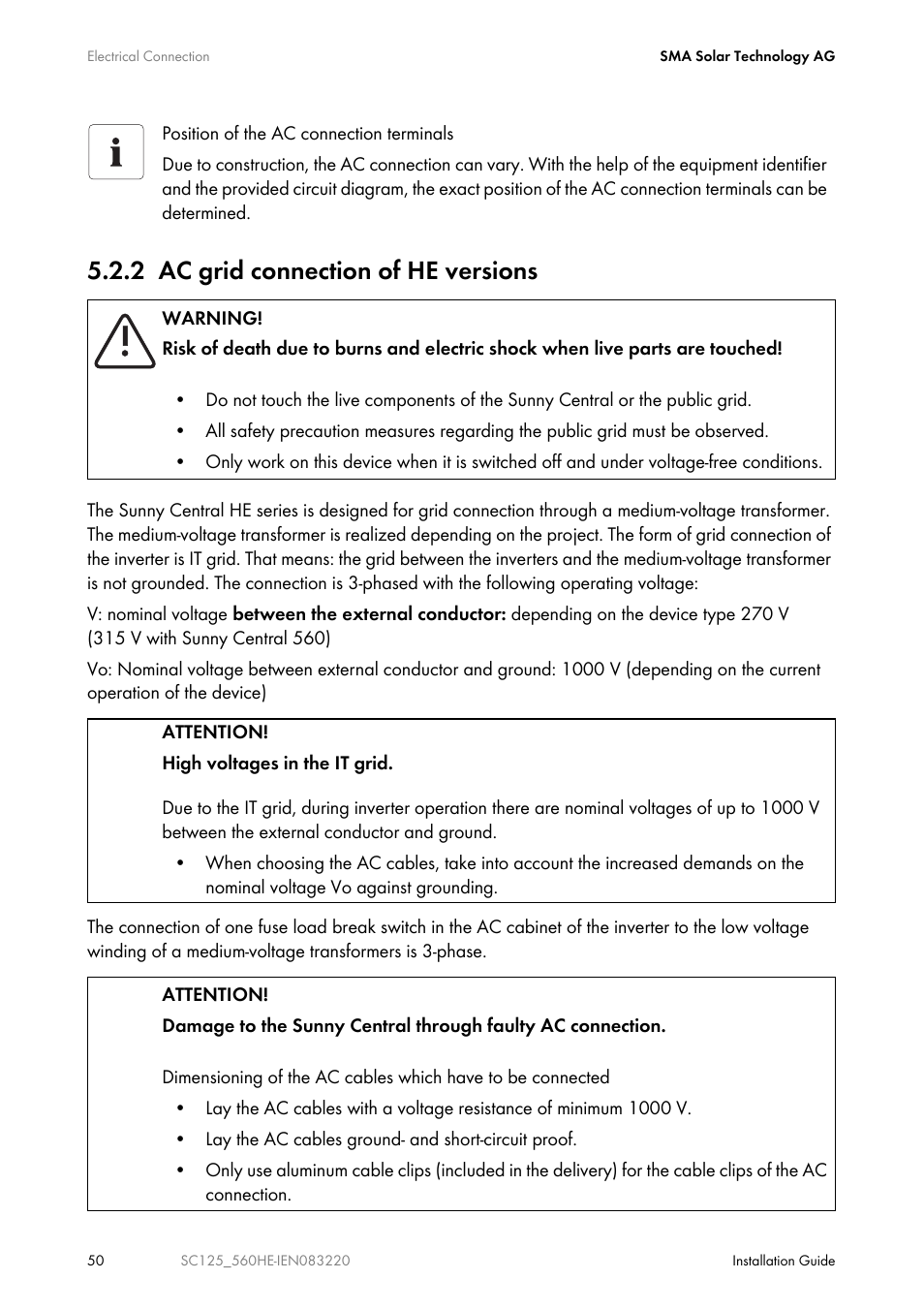 2 ac grid connection of he versions | SMA SC 100LV-560HE User Manual | Page 50 / 92