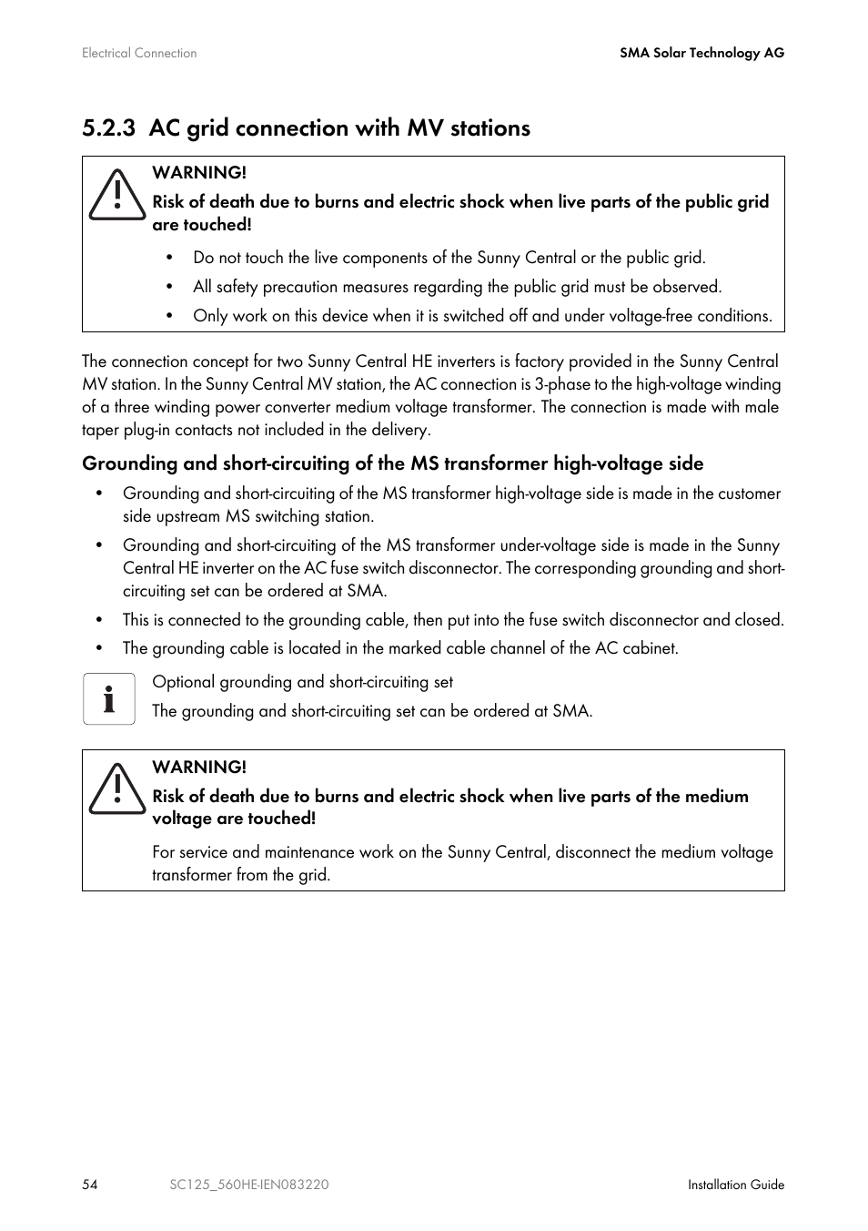 3 ac grid connection with mv stations | SMA SC 100LV-560HE User Manual | Page 54 / 92