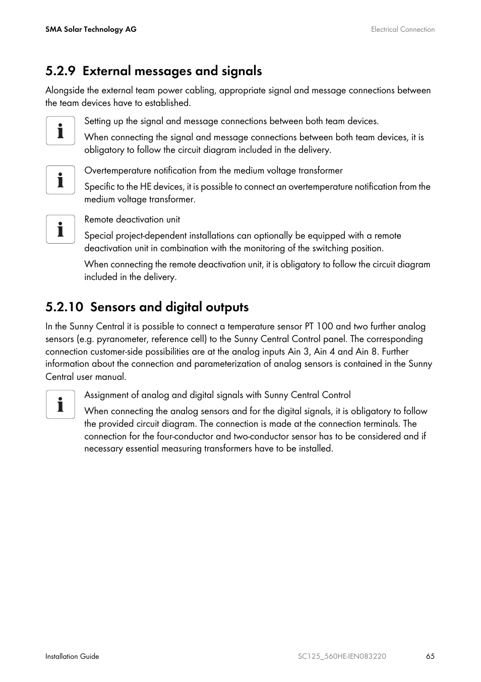 9 external messages and signals, 10 sensors and digital outputs | SMA SC 100LV-560HE User Manual | Page 65 / 92