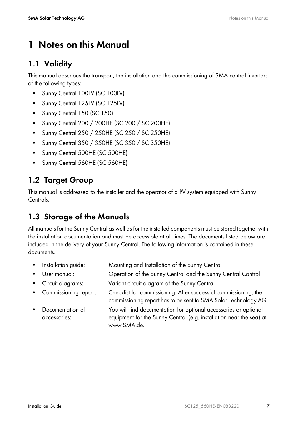 1 notes on this manual, 1 validity, 2 target group | 3 storage of the manuals | SMA SC 100LV-560HE User Manual | Page 7 / 92