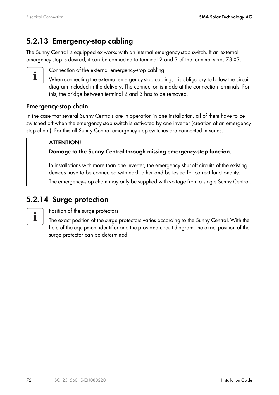 13 emergency-stop cabling, 14 surge protection | SMA SC 100LV-560HE User Manual | Page 72 / 92