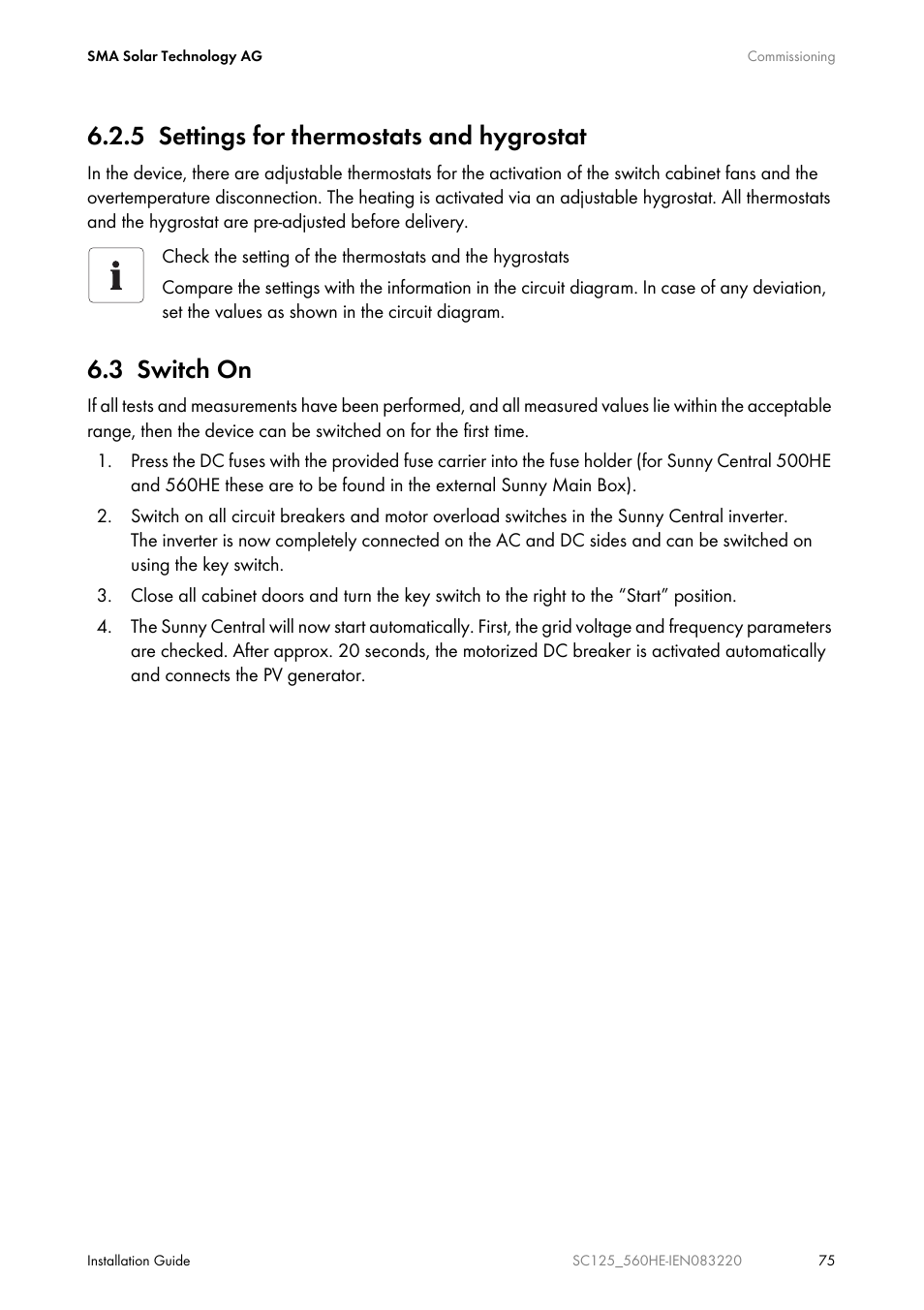 5 settings for thermostats and hygrostat, 3 switch on | SMA SC 100LV-560HE User Manual | Page 75 / 92