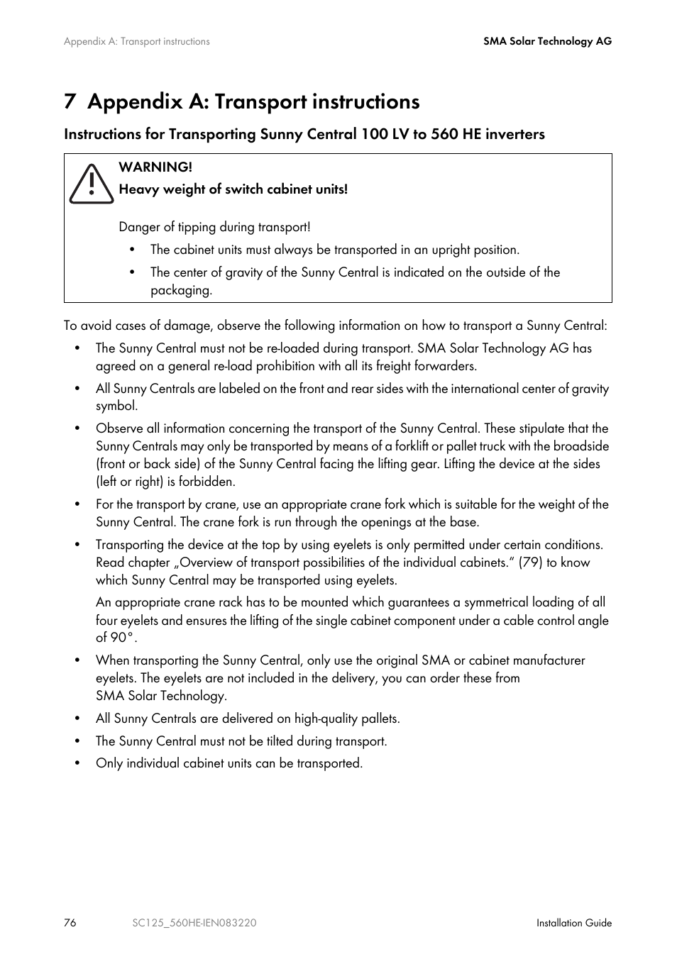 7 appendix a: transport instructions | SMA SC 100LV-560HE User Manual | Page 76 / 92