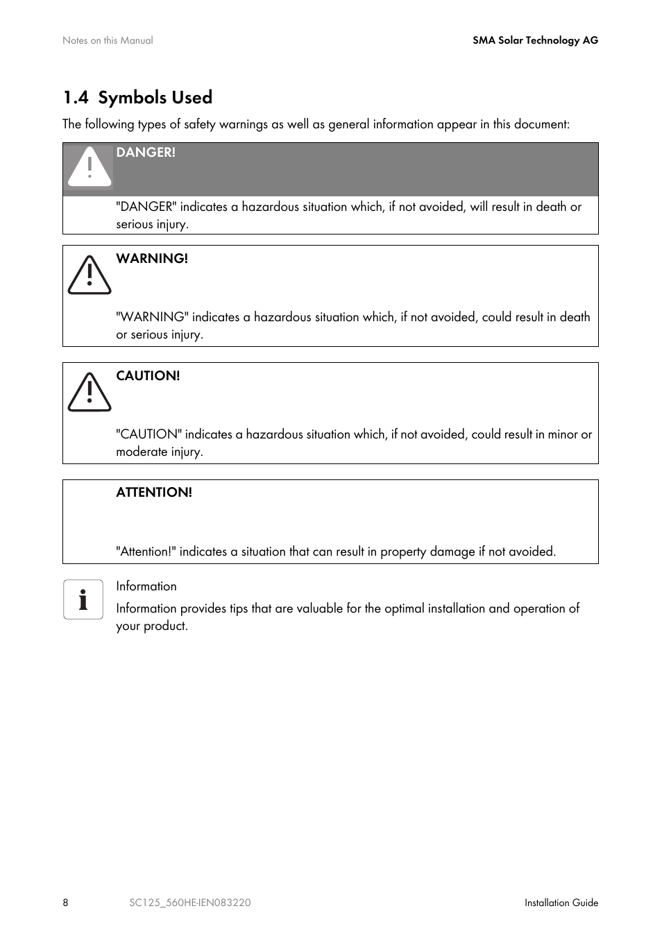 4 symbols used | SMA SC 100LV-560HE User Manual | Page 8 / 92
