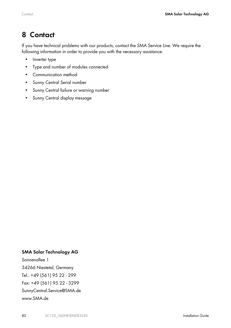 8 contact | SMA SC 100LV-560HE User Manual | Page 80 / 92