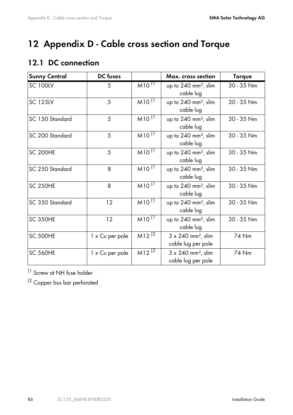12 appendix d - cable cross section and torque, 1 dc connection | SMA SC 100LV-560HE User Manual | Page 86 / 92