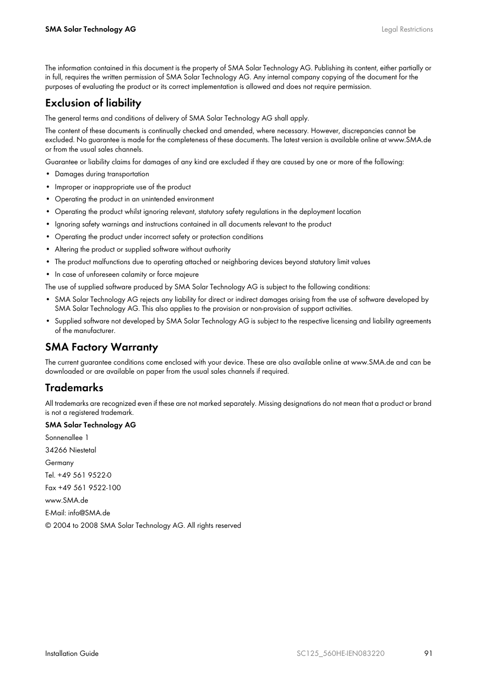 Exclusion of liability, Sma factory warranty, Trademarks | SMA SC 100LV-560HE User Manual | Page 91 / 92