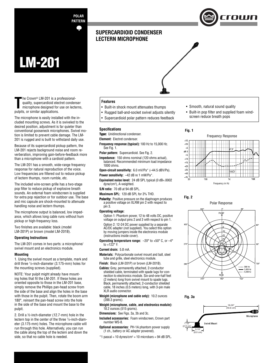 Crown Audio LM-201 User Manual | 2 pages