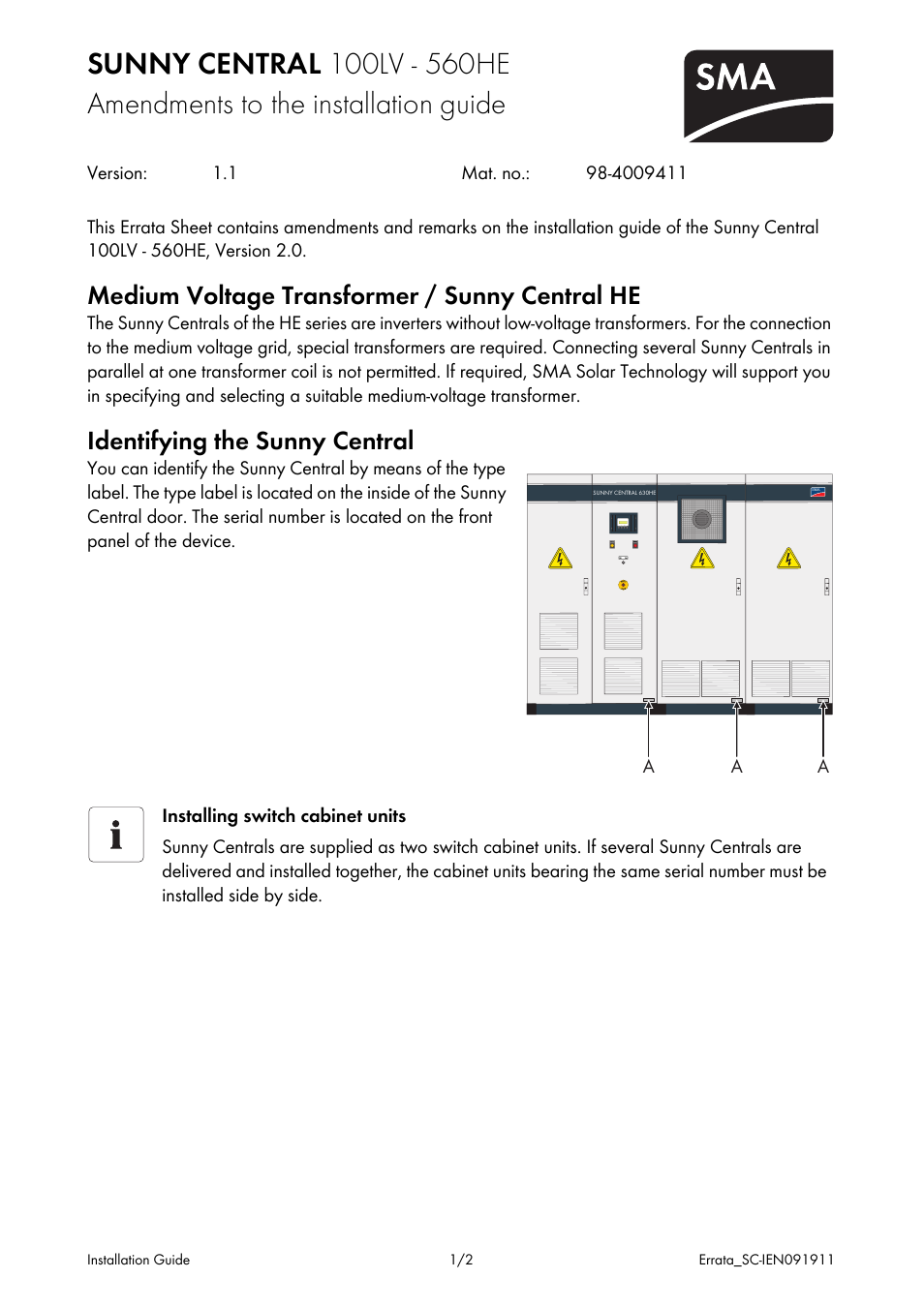 SMA SC 100LV-560HE Amendments User Manual | 2 pages
