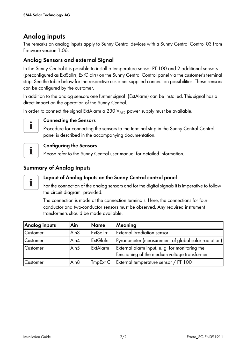 Analog inputs | SMA SC 100LV-560HE Amendments User Manual | Page 2 / 2
