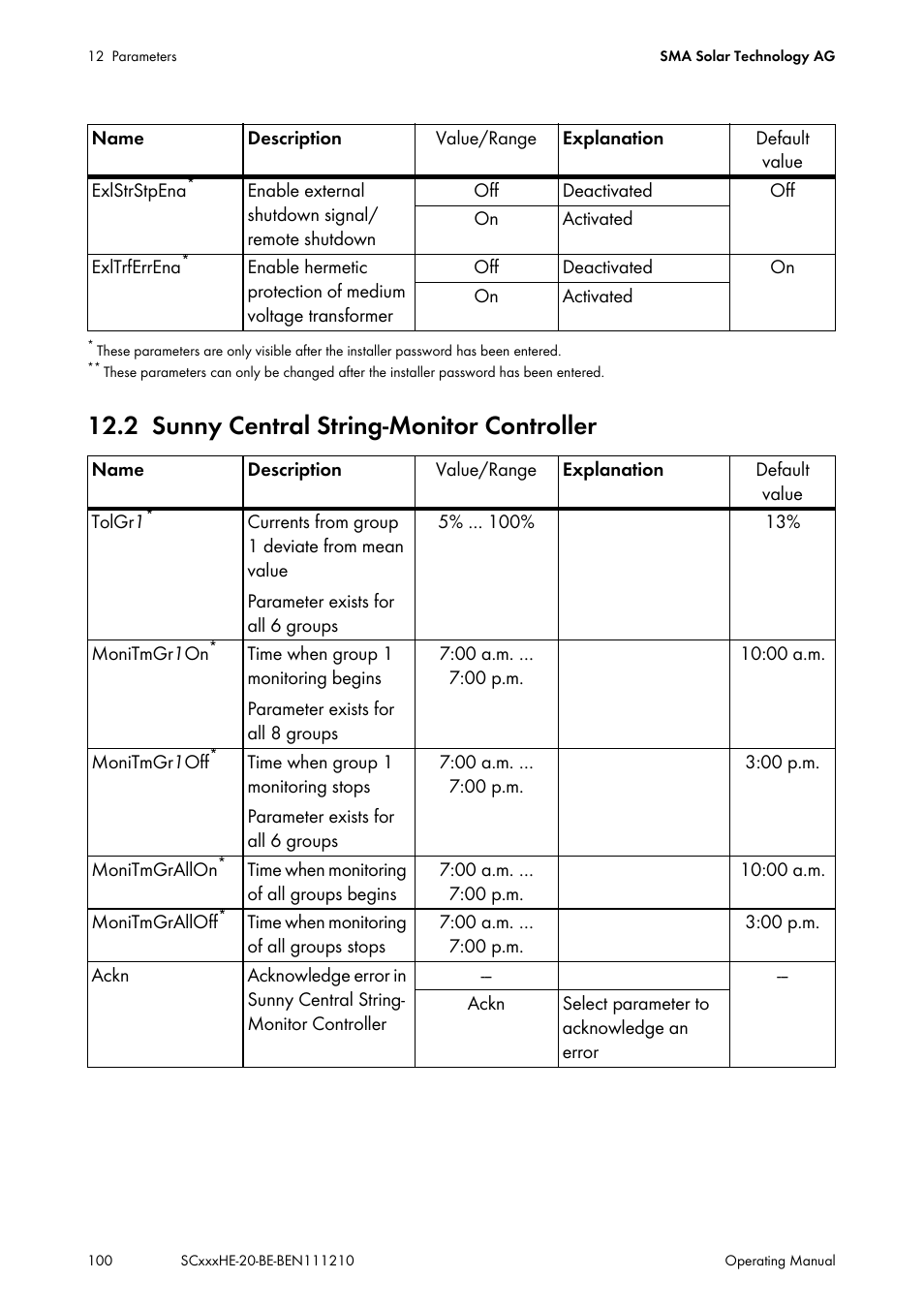 2 sunny central string-monitor controller, Sunny central string-monitor controller, H-on | Cab1, Cab2 | SMA SC 500HE-20 User Manual | Page 100 / 108