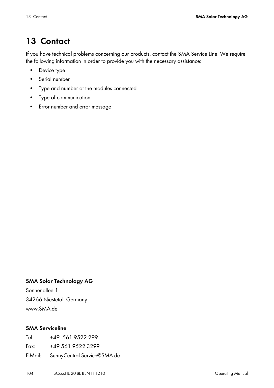 13 contact, Contact | SMA SC 500HE-20 User Manual | Page 104 / 108