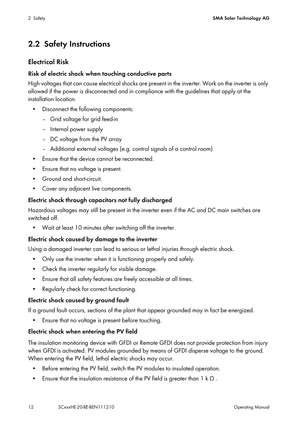 2 safety instructions, Safety instructions | SMA SC 500HE-20 User Manual | Page 12 / 108