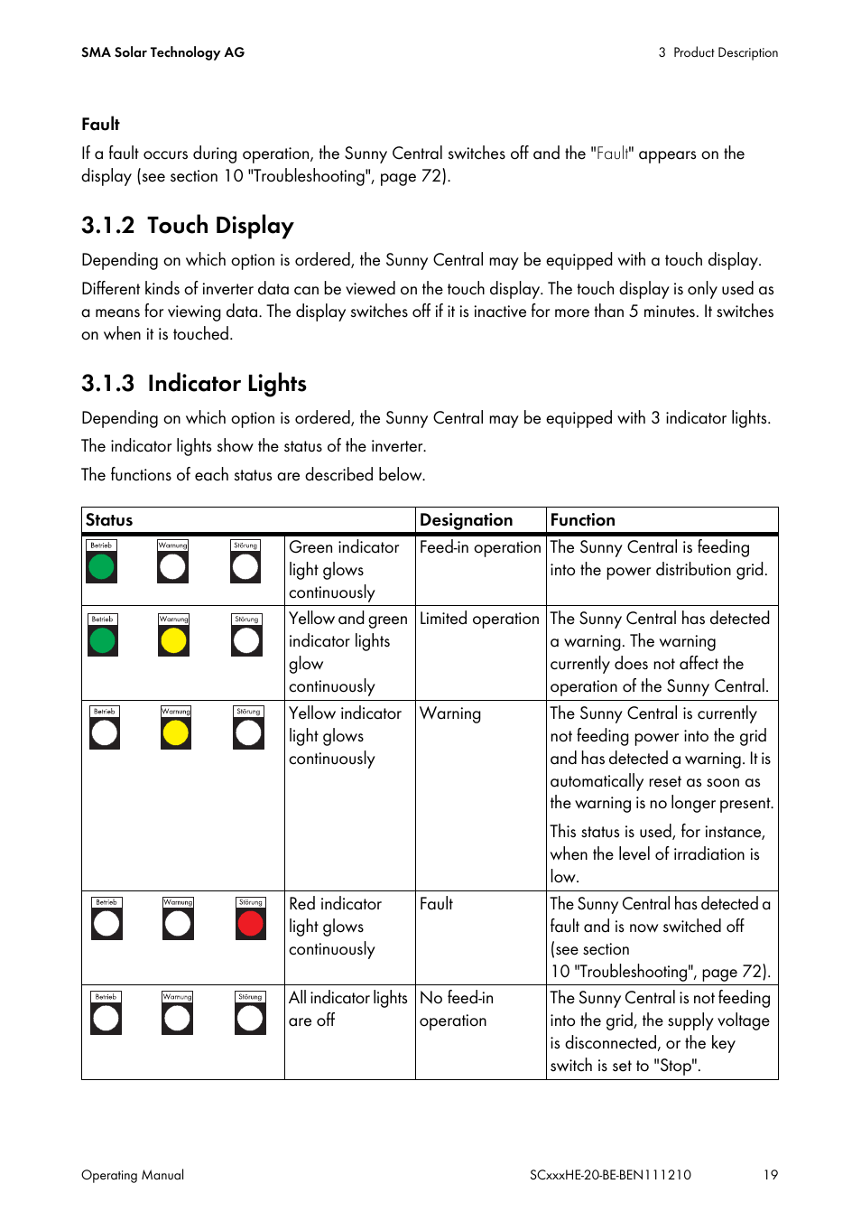 2 touch display, 3 indicator lights, Touch display | Indicator lights | SMA SC 500HE-20 User Manual | Page 19 / 108