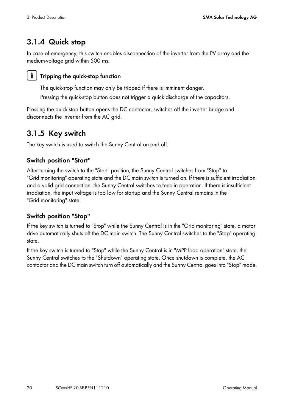 4 quick stop, 5 key switch, Quick stop | Key switch | SMA SC 500HE-20 User Manual | Page 20 / 108