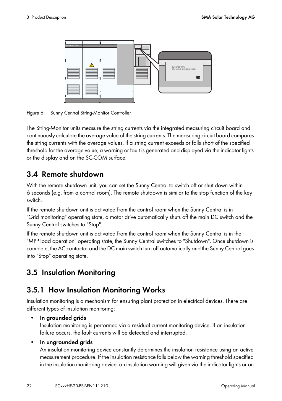 4 remote shutdown, 5 insulation monitoring, 1 how insulation monitoring works | Remote shutdown, Insulation monitoring, How insulation monitoring works | SMA SC 500HE-20 User Manual | Page 22 / 108